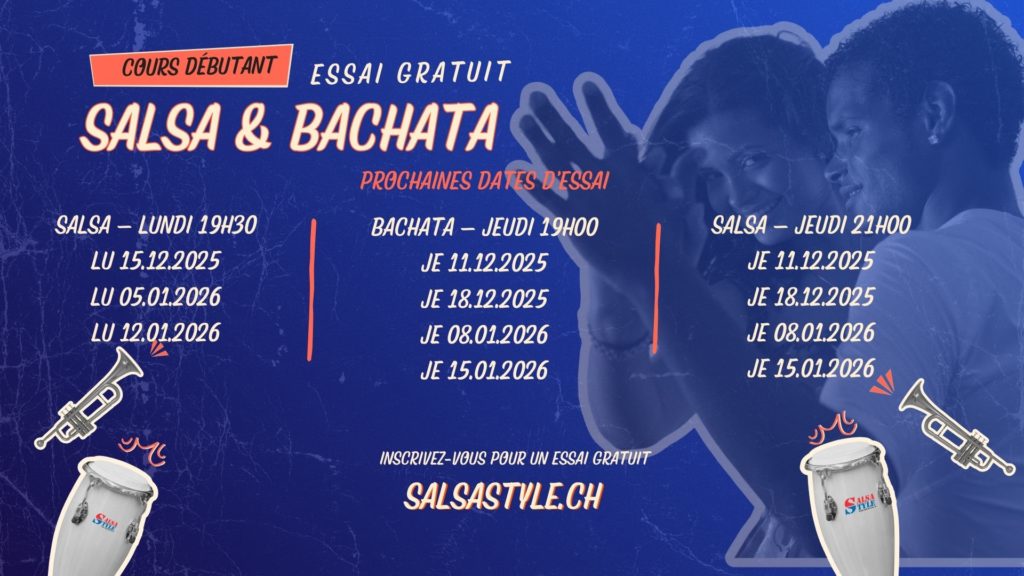 Affiche essai gratuit de Salsa et Bachata à Genève avec les dates de la nouvelle session débutant.