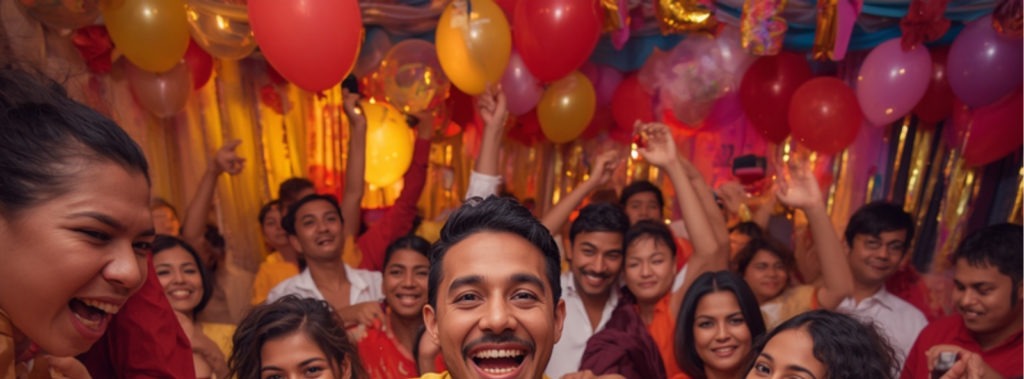 Groupe joyeux dansant lors d'une fête d'anniversaire