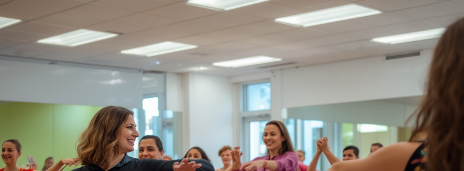 Groupe de débutants souriants lors d'un stage intensif de danse à Genève